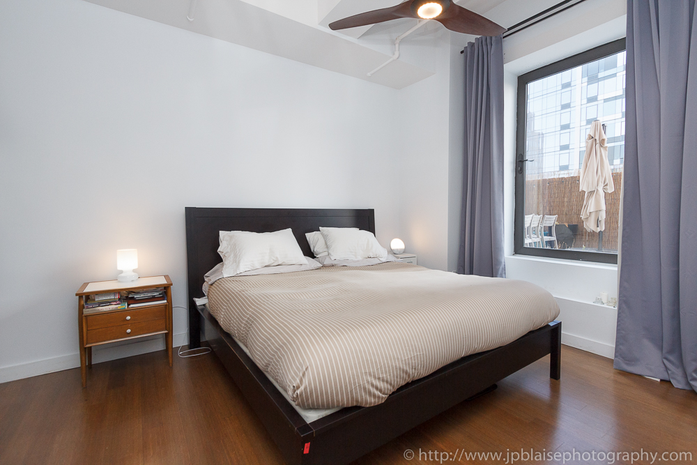 Master bedroom photography in downtown brooklyn condo unit with terrace